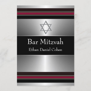 Invitación Estrella negra de plata roja de David Bar Mitzvah