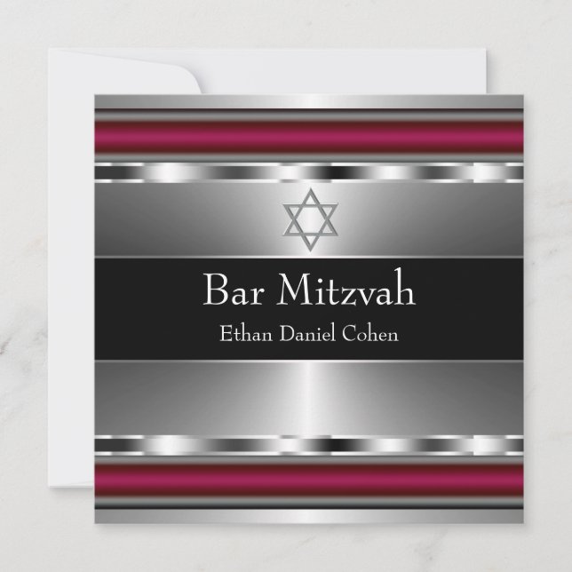 Invitación Estrella Negra Roja de David Bar Mitzvah (Anverso)