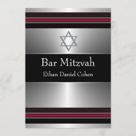 Invitación Estrella Negra Roja Plateada de David Bar Mitzvah