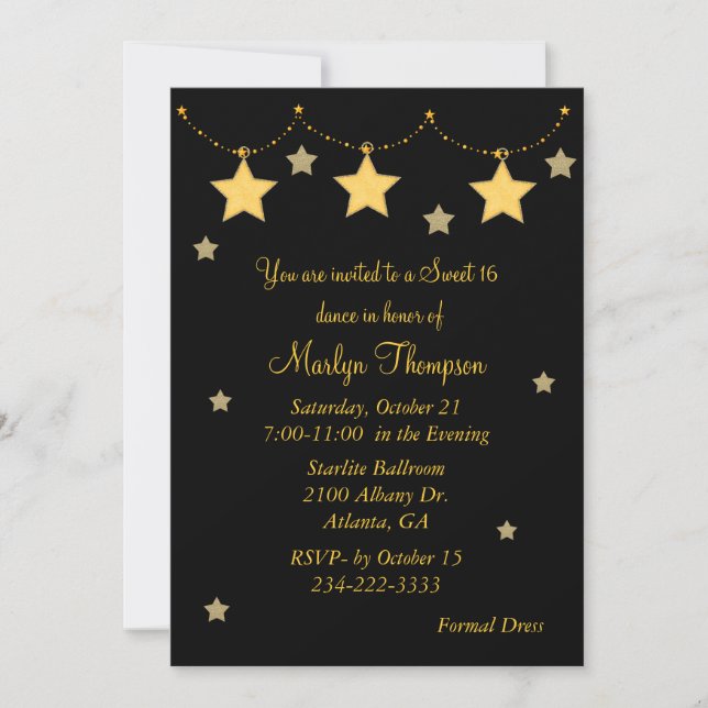 Invitación Estrella negra y amarilla ilumina dulces 16 invita (Anverso)