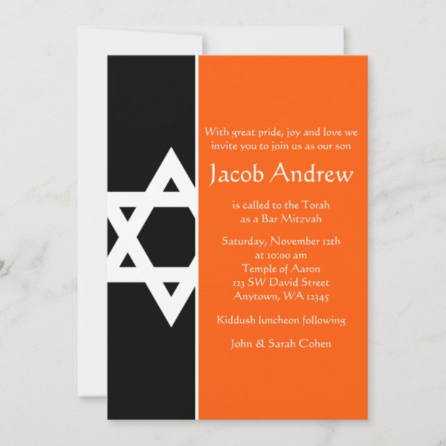 Invitación Estrella negra y naranja de David Bar Mitzvah (Anverso)