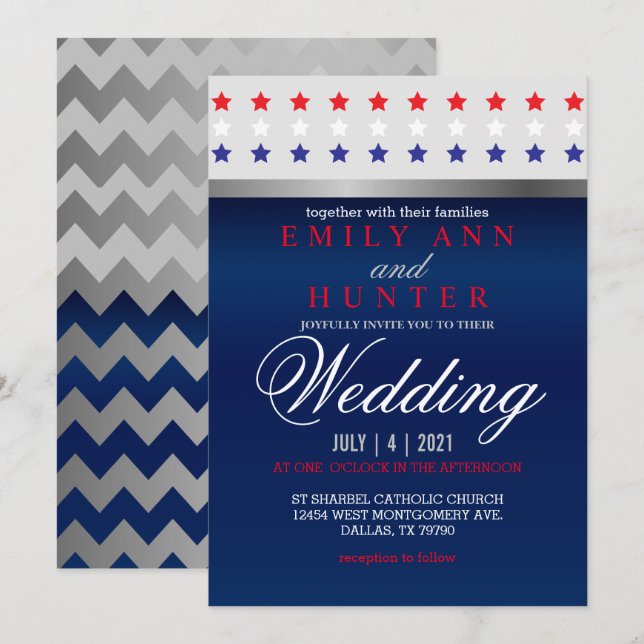 Invitación Estrella patriótica roja, blanca y azul Boda (Anverso / Reverso)
