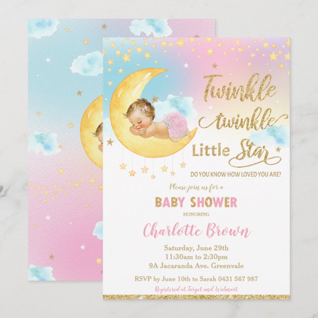 Invitación Estrella Pequeña De Twinkle Durmiendo Chica Baby S (Anverso / Reverso)