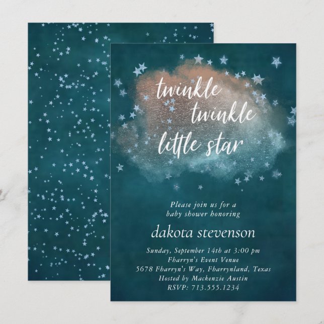 Invitación Estrella pequeña Twinkle | Baby Shower de cobre az (Anverso / Reverso)