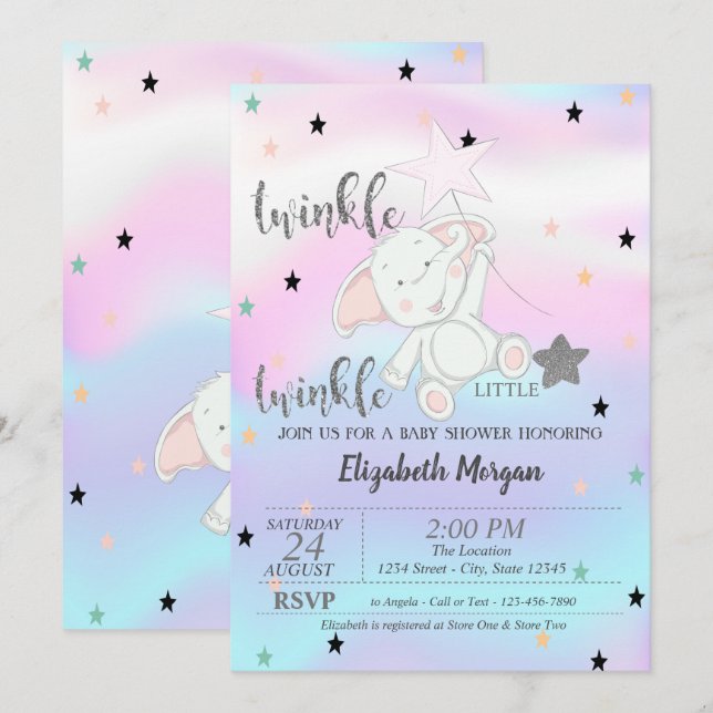 Invitación Estrella pequeña Twinkle, Baby Shower holográfico  (Anverso / Reverso)