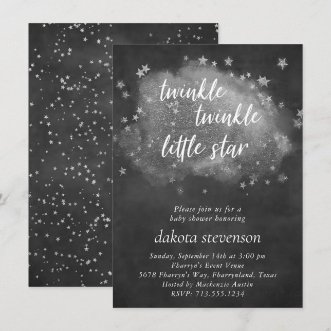 Invitación Estrella pequeña Twinkle | Gris y plata de carbón  (Anverso / Reverso)