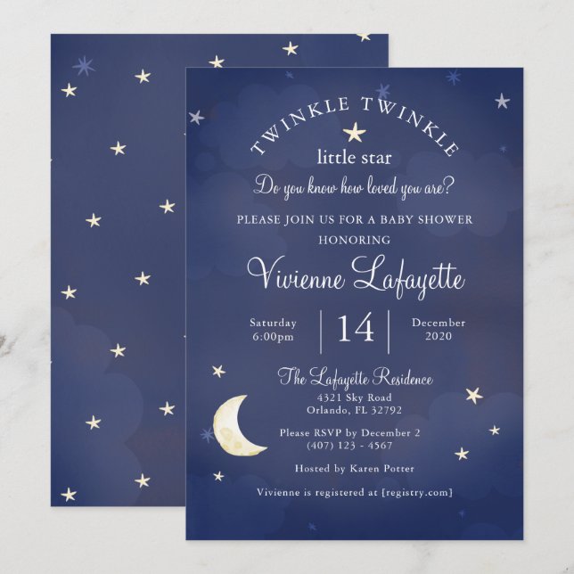 Invitación Estrella pequeña y Baby Shower azul oscuro de la l (Anverso / Reverso)