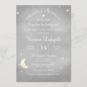 Invitación Estrella pequeña y Baby Shower gris lunar