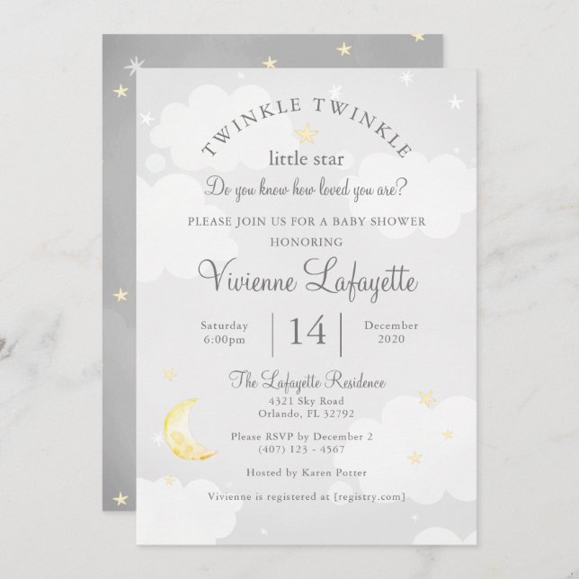 Invitación Estrella pequeña y Baby Shower gris lunar (Anverso / Reverso)