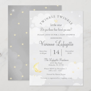 Invitación Estrella pequeña y Baby Shower gris lunar