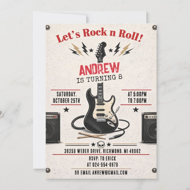 Invitación Estrella Personal de Rock n Roll de Cumpleaños (Anverso)