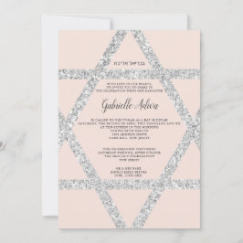 Invitación Estrella plateada rosa nombre hebreo Bat Mitzvah