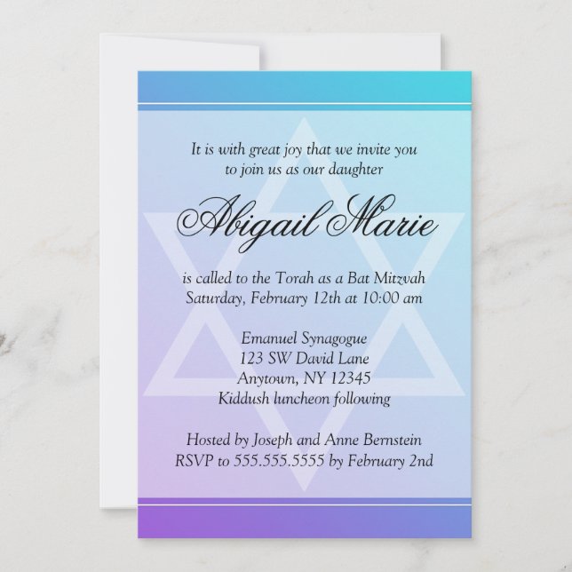 Invitación Estrella púrpura verde azulada de David Bat Mitzva (Anverso)