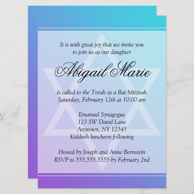 Invitación Estrella púrpura verde azulada de David Bat Mitzva (Anverso / Reverso)