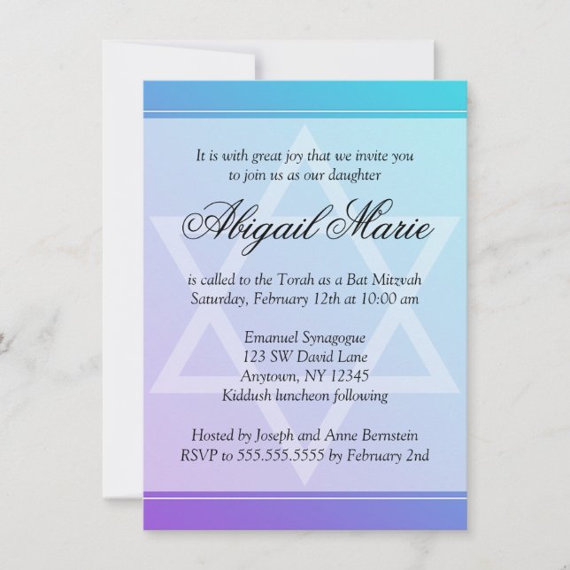 Invitación Estrella púrpura verde azulada de David Bat Mitzva (Anverso)