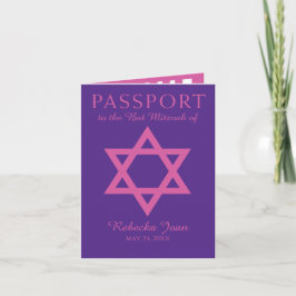 Invitación Estrella púrpura y rosada del pasaporte de Mitzvah