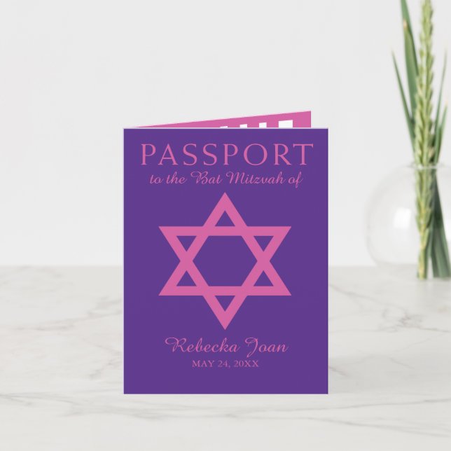 Invitación Estrella púrpura y rosada del pasaporte de Mitzvah (Anverso)
