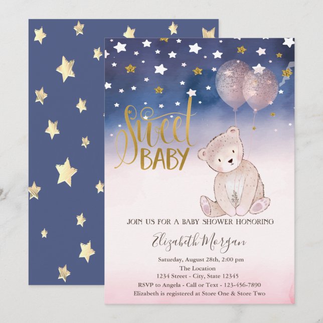 Invitación Estrella Purpurina de oro, globos de oso de Teddy  (Anverso / Reverso)