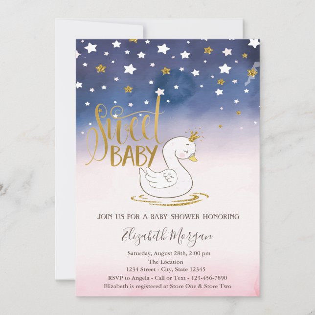 Invitación Estrella Purpurina Gold, Swan Baby Shower (Anverso)