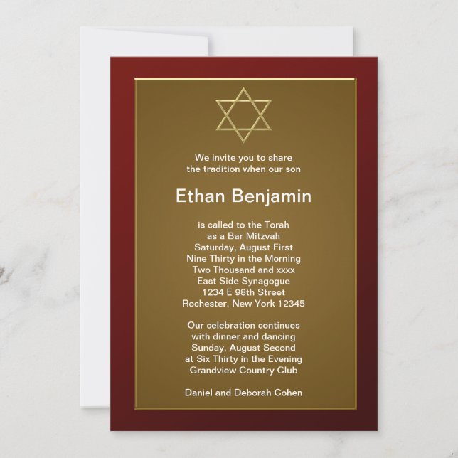 Invitación Estrella Roja de David Bar Mitzvah (Anverso)