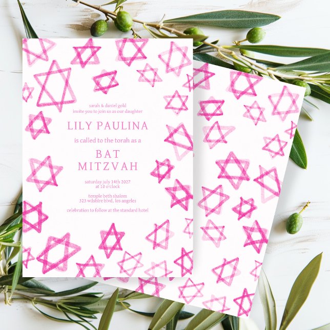 Invitación Estrella rosa de David Bar Bat Mitzvah (Watercolor Fun Modern Cute Pink Star of David Bar Bat Mitzvah Custom Invitation Evite 
)