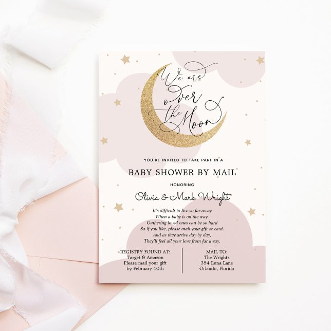 Invitación Estrella rosa de guion y luna de Baby Shower virtu (Subido por el creador)
