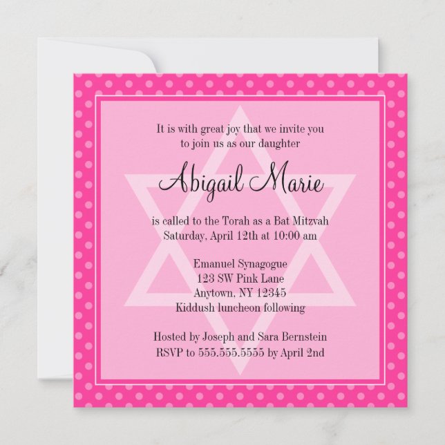Invitación Estrella rosa del Punto Polka de David Bat Mitzvah (Anverso)