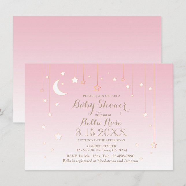 Invitación Estrella rosa luna bebé niña de la ducha (Anverso / Reverso)