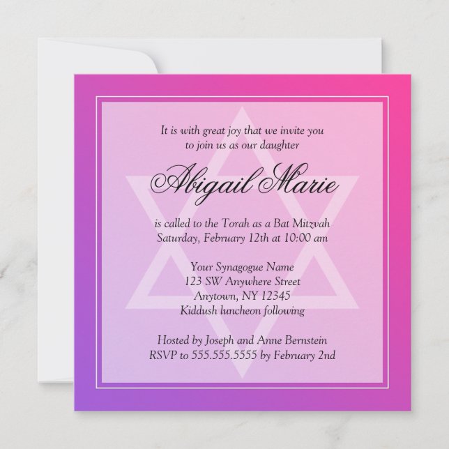 Invitación Estrella rosa morada de David Bat Mitzvah Square (Anverso)