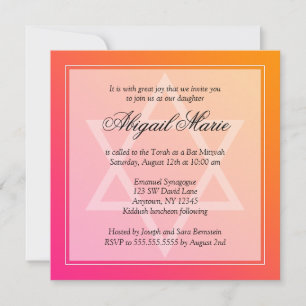 Invitación Estrella rosa Naranja de David Bat Mitzvah Square