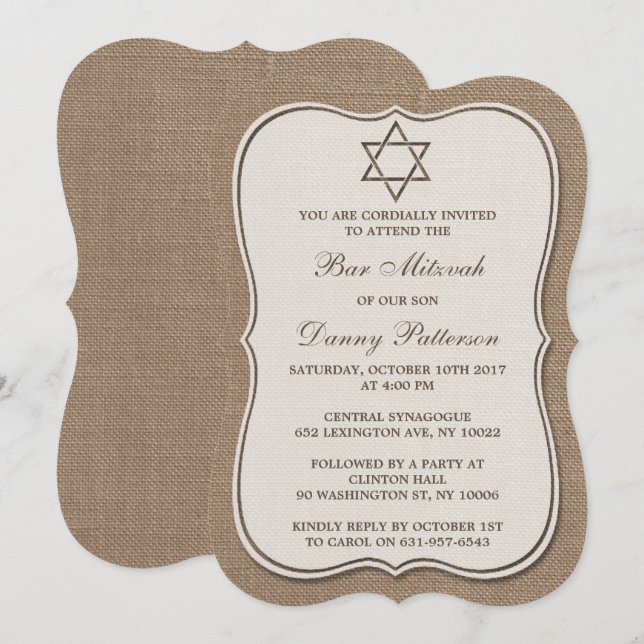 Invitación Estrella Rusa Judía Burlap De David Bar Mitzvah (Anverso / Reverso)
