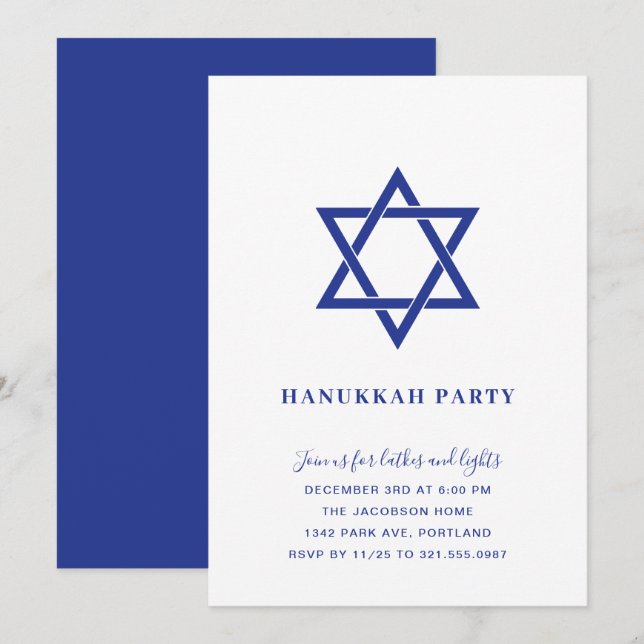 Invitación Estrella simple azul y blanca de David Hanukkah Fi (Anverso / Reverso)