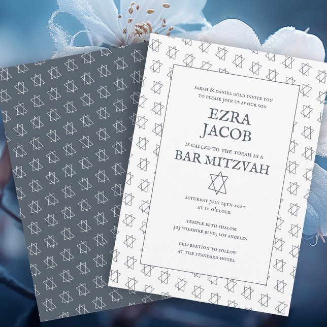 Invitación Estrella simple de David Personalizado B'nai Bat B (Simple Star of David Pattern Minimalist Elegant Custom B'nai Bat Bar Mitzvah Invitation Blue White
)