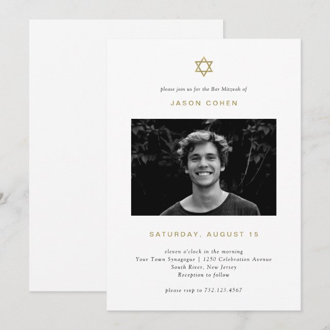 Invitación Estrella simple de oro de David | Photo Bar Mitzva (Anverso / Reverso)