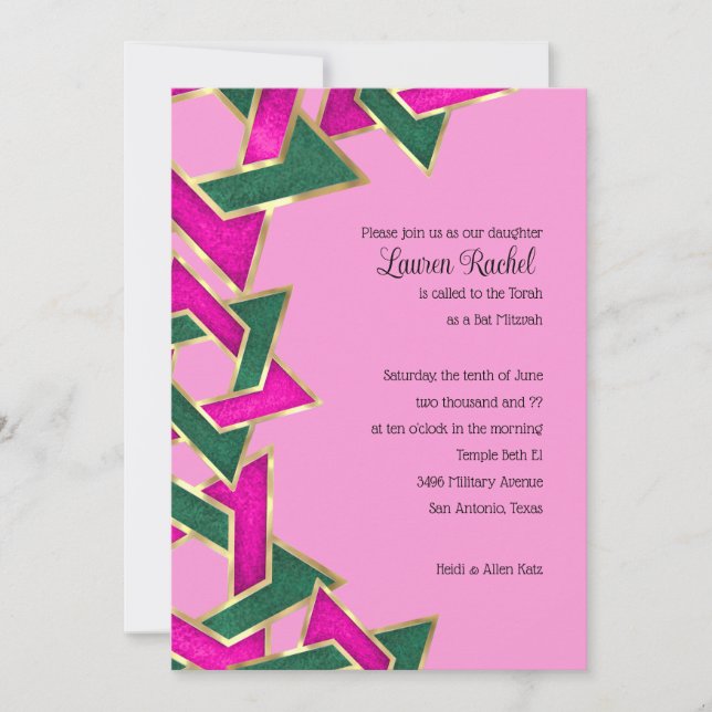 Invitación Estrella verde rosa de David en Bat Mitzvah (Anverso)