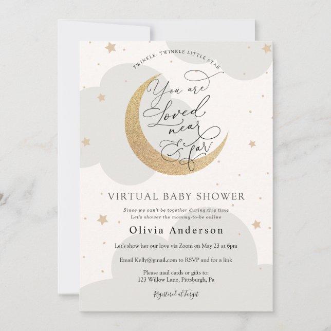Invitación Estrella y Luna Neutrales de Baby Shower virtual (Anverso)