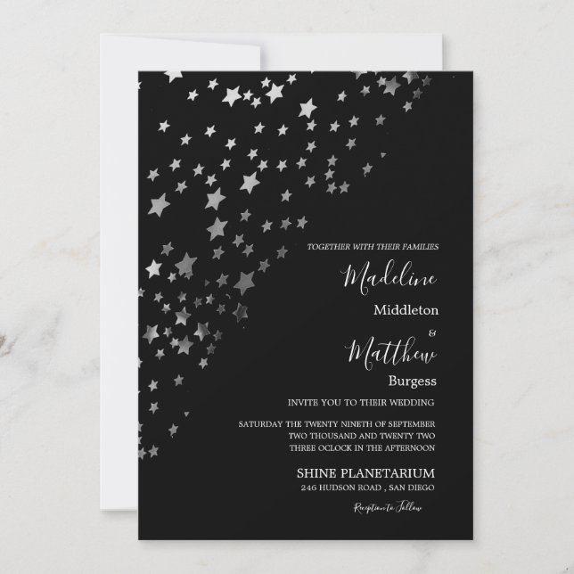 Invitación Estrellas Astrales Boda Tarde Noche Plateada Negra (Anverso)