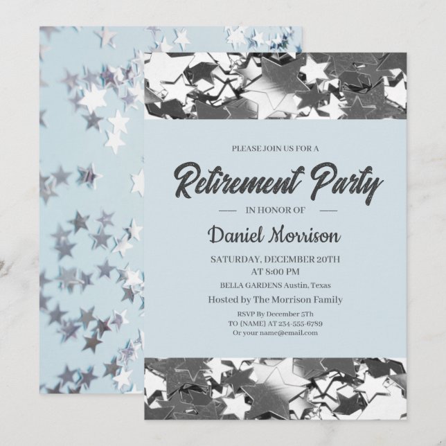 Invitación Estrellas azul cielo y plata Fiesta de Jubilación  (Anverso / Reverso)