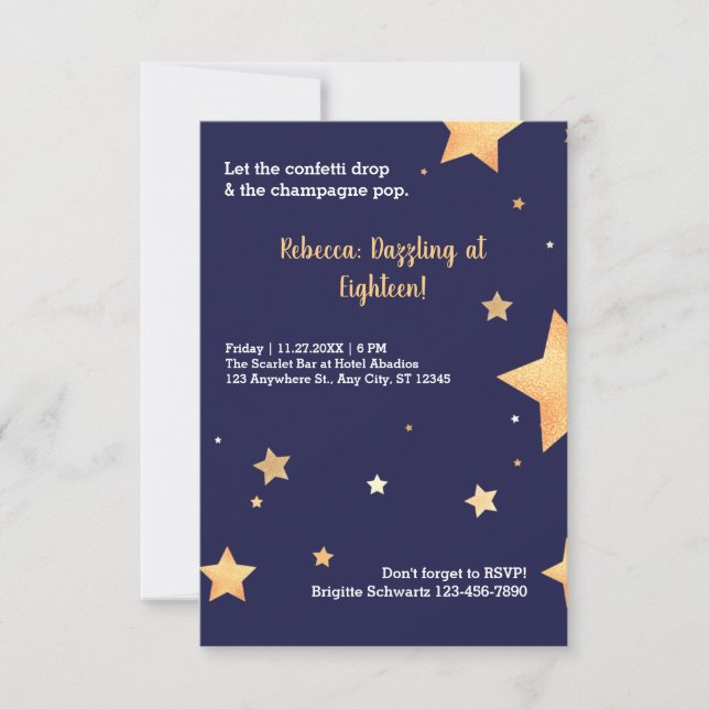 Invitación Estrellas azules purpurina y cumpleaños dorado des (Anverso)
