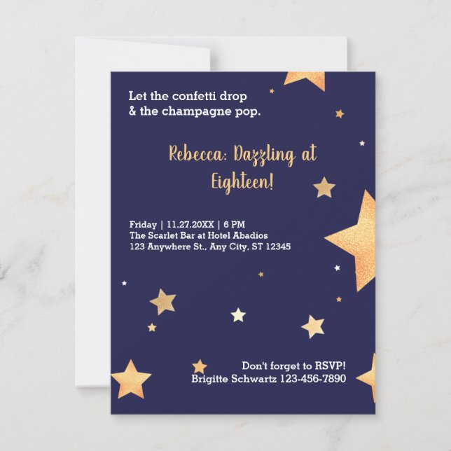 Invitación Estrellas azules purpurina y oro deslumbrante cump (Anverso)