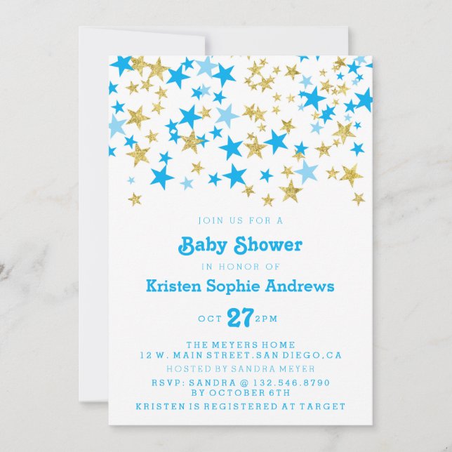 Invitación Estrellas azules y doradas Baby Shower Sprinkle (Anverso)