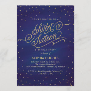 Invitación Estrellas azules y doradas encantadas Dieciséis Fi