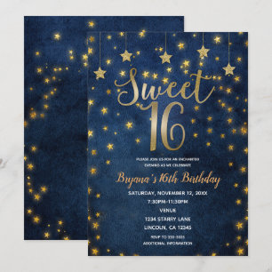 Invitación Estrellas Azules y Doradas Fiesta Celestial de Dul