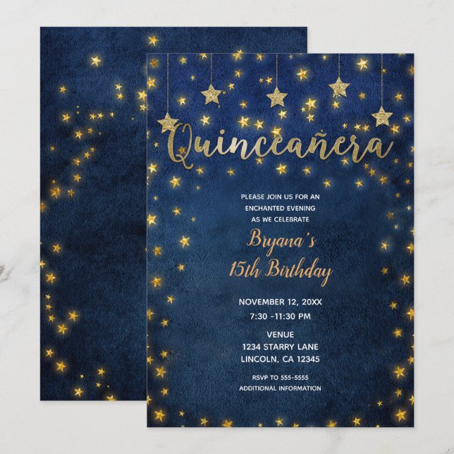 Invitación Estrellas Azules y Doradas Fiesta de Quinceañera d (Anverso / Reverso)