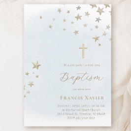 Invitación estrellas beige en cielo azul pastel | Bautizo