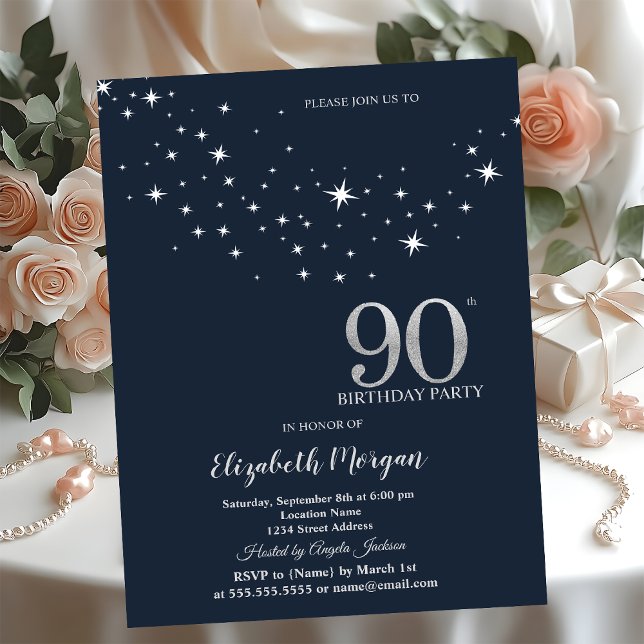 Invitación Estrellas Blancas Sencillas Azules Cumpleaños 90 (Subido por el creador)