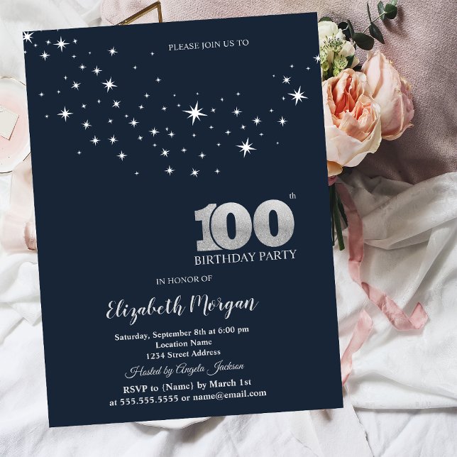 Invitación Estrellas Blancas Simples Azules Cumpleaños 100 (Subido por el creador)