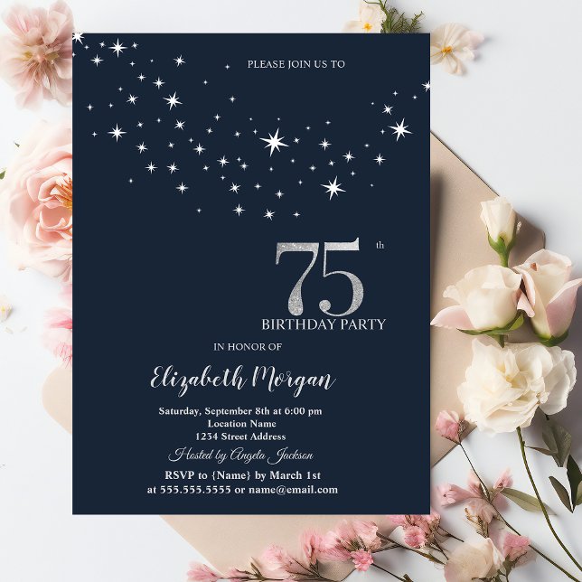 Invitación Estrellas Blancas Simples Azules Cumpleaños 75 (Subido por el creador)