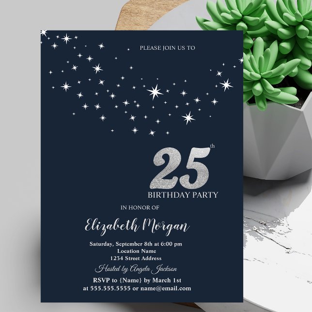 Invitación Estrellas Blancas Simples Cumpleaños 25 Azul Fiest (Subido por el creador)