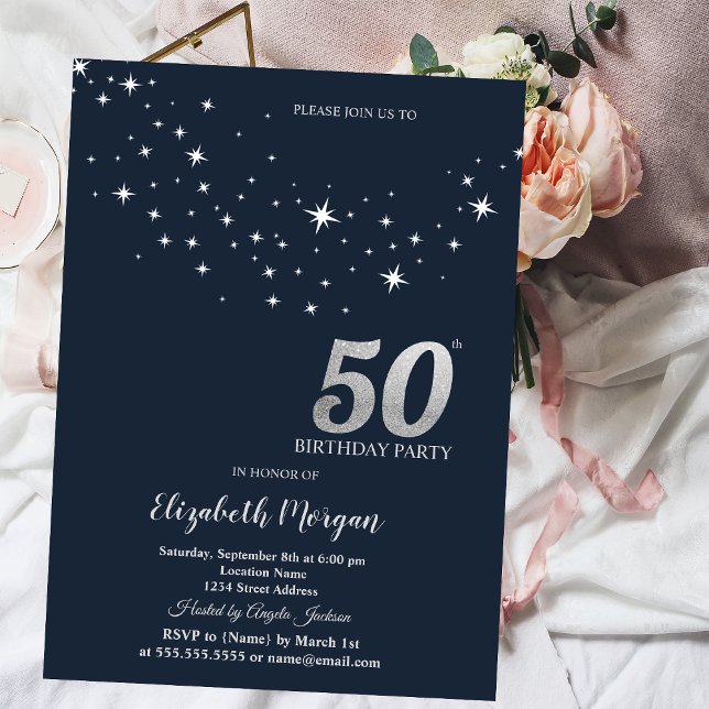 Invitación Estrellas Blancas Simples Cumpleaños 50 Azul Fiest (Subido por el creador)